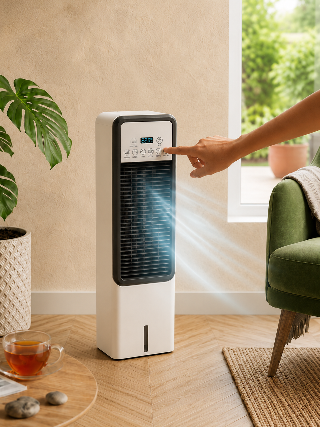 Rafraîchisseur d'air AirFraisco posé dans un salon, main réglant l'écran digital